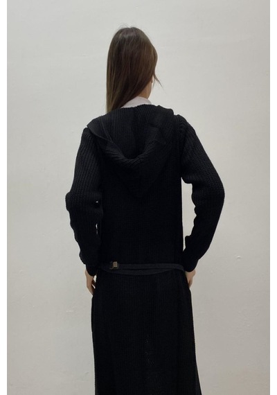 Onno Style Women Selanik Örgü Kapşonlu Uzun Ceket Siyah