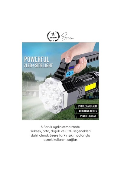 Fener Usb Şarjlı El Feneri 7 Xpe Cob Led 5 Modlu Şarj Göstergeli Güçlü Işıldak Abs Gövdeli Taşınabi Çok Renkli
