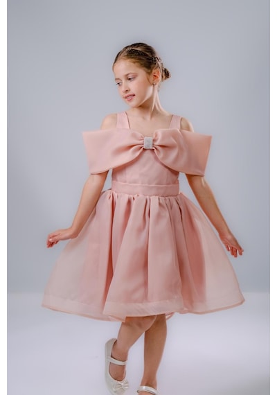 Mnk Baby & Kids Kız Çocuk Taş Fiyonklu İsalon Elbise M00763 Pudra