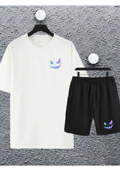 Adrift Unisex Kadın Erkek Renkli Gülen Yüz Baskılı Oversize Tshirt Ve Şort Eşofman Takımı Beyaz