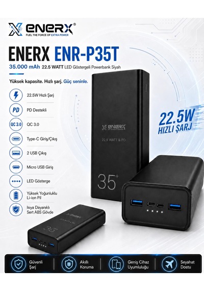 Enerx Enr-p35t 35.000 Mah 22.5 Watt Led Göstergeli Powerbank Siyah