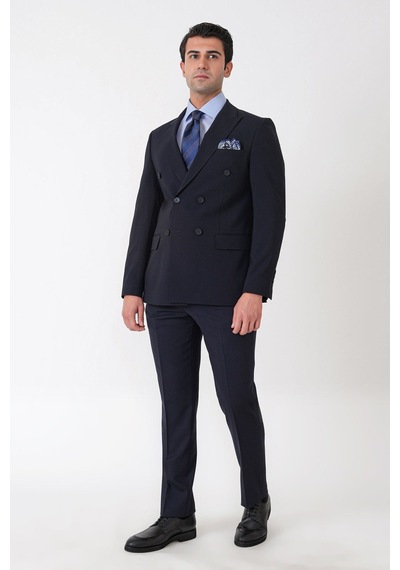 Efor Slim Fit Esnek %97 Yünlü Düz Lacivert Kruvaze Takım Elbise Tk 956