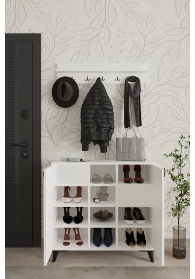 Akasya 2 Kapaklı Ayakkabılık, Vestiyer, Portmanto, Askılık, 90 Cm, Beyaz Beyaz