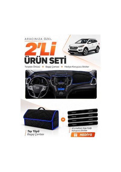Hyundai Santa Fe 2012-2017 Uyumlu Torpido Örtüsü + Tay Tüyü Bagaj Çantası + Sticker - Siyah Mavi