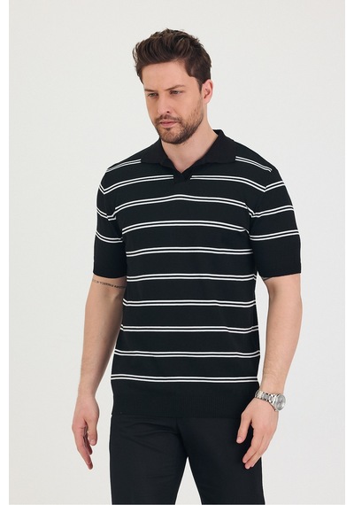 Cool Tarz Erkek Polo Yaka Beyaz Çift Çizgi Detaylı Siyah Triko T-shirt Siyah Siyah