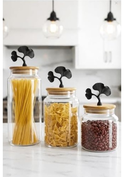 3&apos Lü Bambu Kapaklı Mat Siyah Ginkgo Figürlü Şeffaf Cam Kavanoz Cam Saklama Kabı 635/890/1400ml 12 Izgara