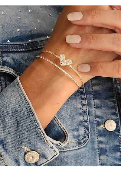 Eva Takı Store Kalp İki Sıralı Model Gold Renk Çelik Ayarlanabilir Bileklik Kelepçe Gold
