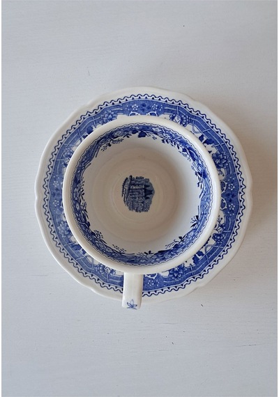 Vintage Burgenland Çiçek Desenli Antika Çay Fincanı Seti Mavi Mavi