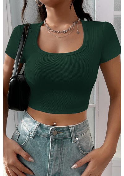 Angbutik Kadın Yeşil Yarım Kol Düz Yaka Crop Top Bluz