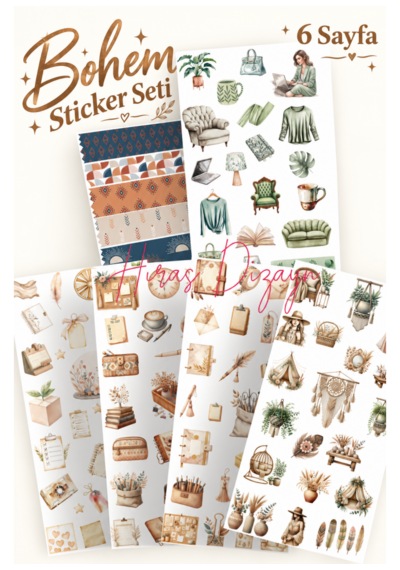 Hiras Dizayn Bohem Boho Temalı Sticker Seti 6 Sayfa Çok Renkli