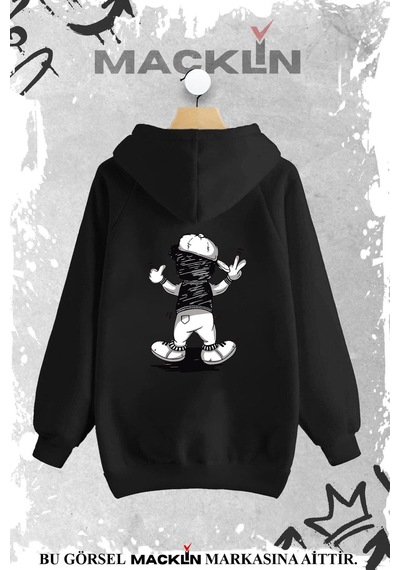 Macklin Unisex Kadın Erkek Karikatür Ayı Özel Tasarım Baskılı Sweatshirt Siyah Mck0703 Siyah
