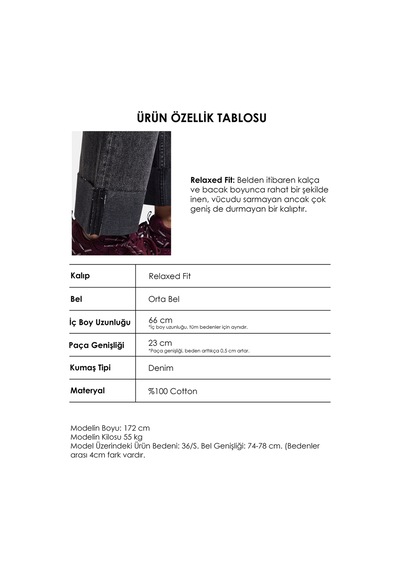 Kadın Koyu Füme 4w6-14 Relaxed Fit Paça Detaylı Denim Jean