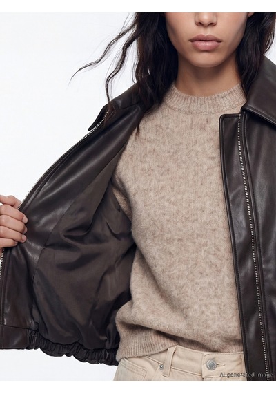 Lcw Vision Kahverengi Kadın Oversize Bomber Deri Görünümlü Ceket