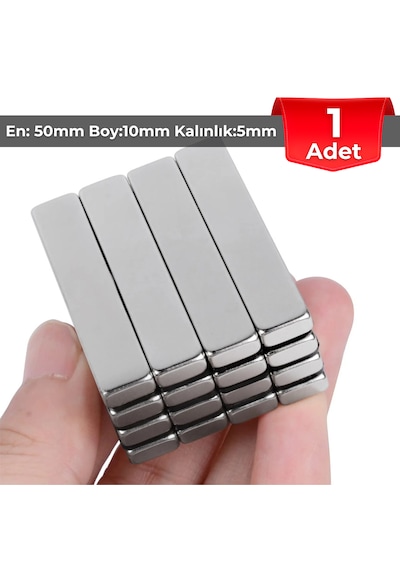 1 Adet Neodyum Mıknatıs Boy: 50mm En: 10mm Kalınlık: 5mm 50x10x5 Ndfeb Güçlü Mıknatıs N062