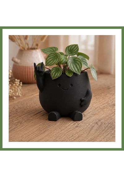 Bezos 3d Baskı Smiley Face Planter - Gülümseyen Karakterli Saksı-siyah Hb006