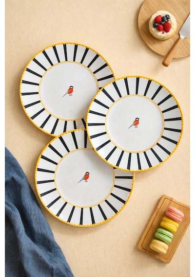 Grandora Kuş Desenli Siyah Çizgili 6 Lı Pasta Ve Tatlı Tabağı Seti 20 Cm Modern Sunum Ve Kahvaltı Tabakları Siyah