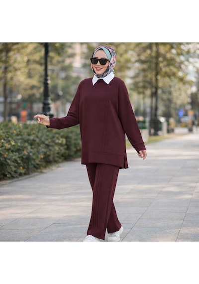 Esra Butik78 Mürdüm Siyah Taş Çimalı Tesettür İkili Takım Tunik Pantolon Şık Rahat Bordo