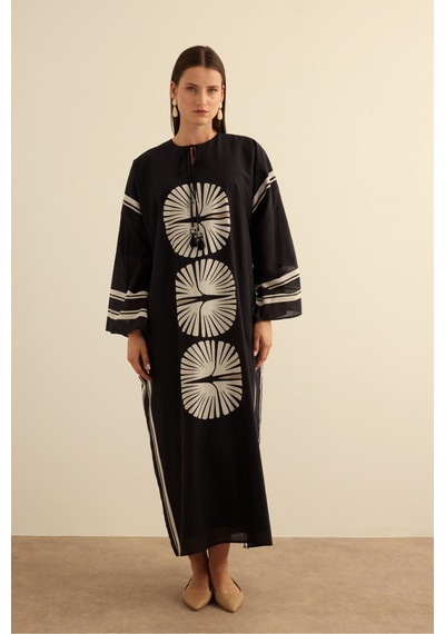Aker Geometrik Desenli Cotton Yaz Serinliği Kimono Siyah Siyah