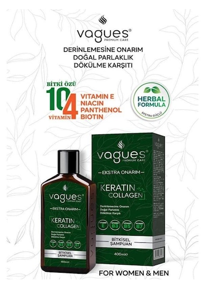 Vagues Keratin Collagen Ekstra Onarım Dökülme Karşıtı Hızlı Uzama Etkili Bitkisel Şampuan 400 Ml Dökülen