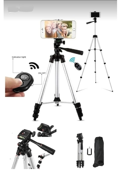 Tripod Profesyonel Fotoğraf Video Çekimi Kumandalı Telefon Tutucu Işıklı Ledli Gri