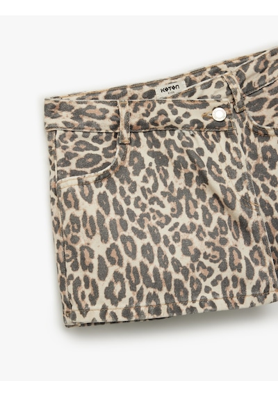 Koton Leopar Desenli Pamuklu Kruvaze Denim Şort Etek Bej Desenli 6wkg40071ad Ekru Desenli
