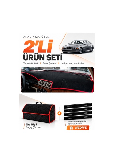 Bmw E39 1995-2003 Uyumlu Torpido Örtüsü + Tay Tüyü Bagaj Çantası + Sticker Seti - Siyah Kırmızı