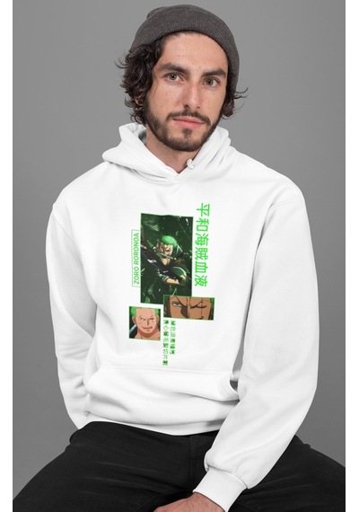 Sevbano Zoro Roronoa Baskılı Unisex Oversize One Piece Anime Hoodie beyaz