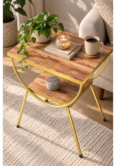 Sulorahome Ceviz Desenli Gold Metal Yan Sehpa Ve Komodin