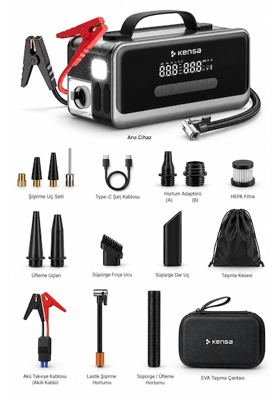 Araç Süpürgeli Akü Takviyeli Jump Starter & 160 Psı Kompresör Araç Kiti 18.000 Mah