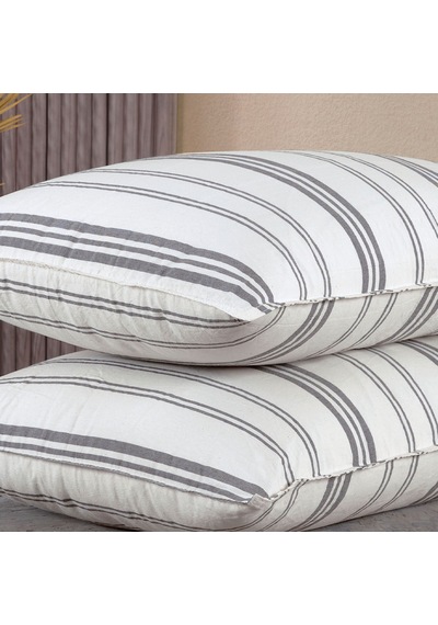 Pamuklu İpliği Boyalı Yıkamalı Kapaklı Yastık Kılıfı 2 Li Set 50x70 Cm Çift İğne Detaylı Beyaz - Gri