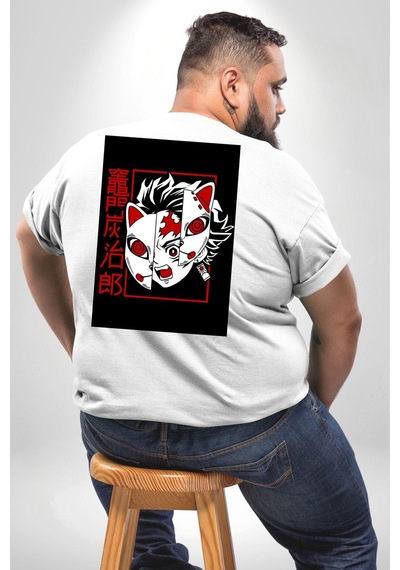 Angemiel Anime İblis Avcısı Kimetsu No Yaiba Maske Büyük Beden Beyaz Tişört Kadın Erkek Ünisex Sırt Baskılı Beyaz