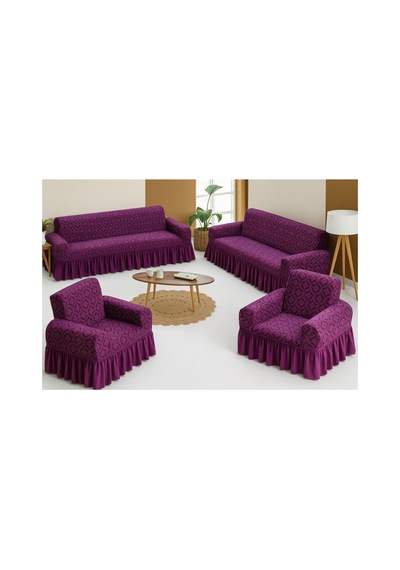 Jakarlı Şal Desen Koltuk, Kanepe, Çekyat Örtüsü, Likralı, Etekli, Koltuk Kılıfı 3+3+1+1 Takım Mor - 797175283 Mor