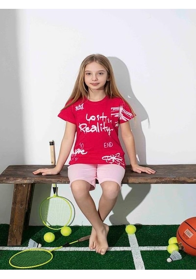 Kız Çocuk Desenli Kırmızı Şortlu Pijama Takımı-1257 Kırmızı