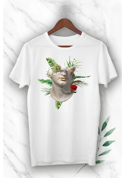 Unisex Beyaz Mitoloji Heykel Baskılı Tişört Beyaz