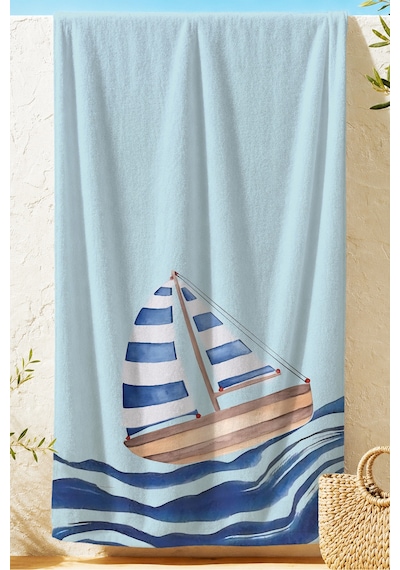 Yelkenli Marine Mavi Plaj Havlusu - Akdeniz Nautical Minimal Açık Hızlı Kuruyan Mikrofiber Havlu Mat Şakayık