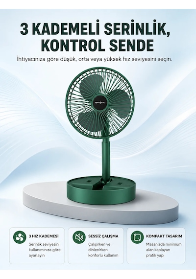 Taşınabilir Katlanabilir Mini Fan 3 Kademeli Şarj Edilebilir Yeşil