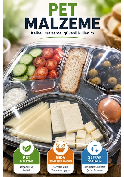 Tabldot 7 Bölmeli Kapaklı Kahvaltı Seti Pet Tek Kullanımlık Piknik Ofis Brunch Servis Kabı 29,5cm Xl Siyah