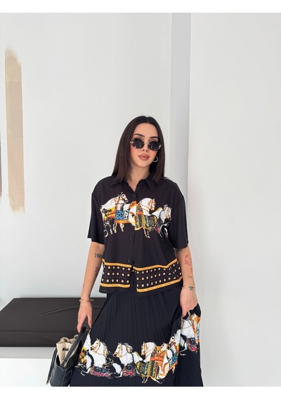 Asprinfashion Plise Etekli Baskılı Bayan Gömlek Etek Takım Siyah
