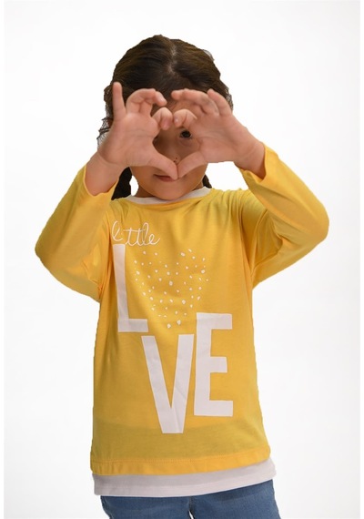 Luess Love Baskılı Garni Detaylı Uzun Kol Kız Çocuk T-shirt Sarı
