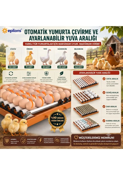 Tam Otomatik Kuluçka Makinesi 130 Yumurta Kapasiteli - Akıllı Isı Ve Nem Kontrollü, Ayarlanabilir Viyol, Otomatik S
