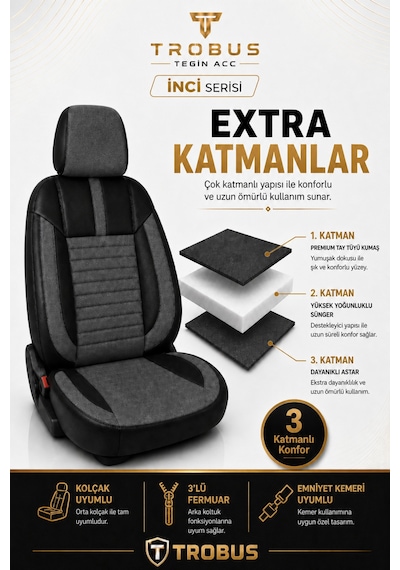 Nissan Note 2006-2012 Uyumlu İnci Serisi Füme Siyah Oto Koltuk Kılıfı