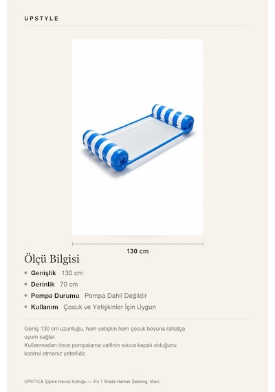 Oglo 4'ü 1 Arada Şişme Havuz Koltuğu Hava Yastıklı Fileli Deniz Yatağı Mavi
