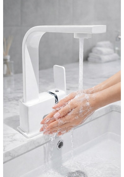 Beyaz Kare Banyo Lavabo Bataryası Musluğu Beyaz Krom Lavabo Bataryası Beyaz