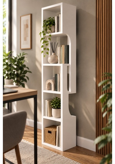 Sulorahome 5 Katlı Modern Beyaz Kitaplık Ve Dekoratif Raf Ünitesi Antrasit