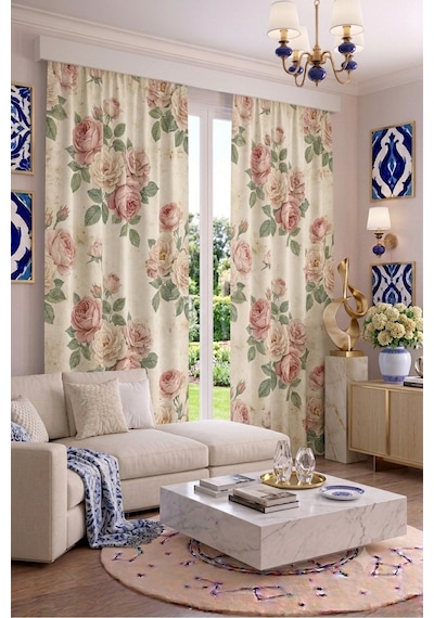 Modern Vintage Desenli Fon Perdesi 140x260 Cm 2 Kanat Dekoratif Dijital Baskılı Premium Salon Oturma Odası Yatak Odası Pencere Perdesi Pembe