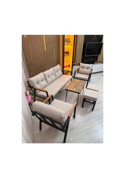Houseart Balkon, Bahçe - Metal Kanepe Koltuk Takımı 3+1+1 + 2 Adet Puf + Sehpa Krem