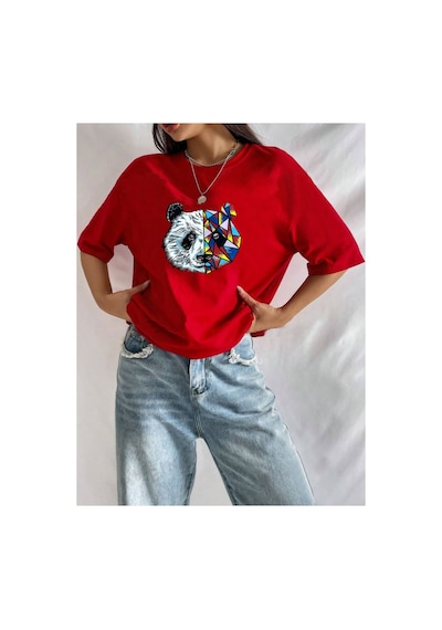 Medinenur Unisex Panda Baskılı T-shirt Kırmızı