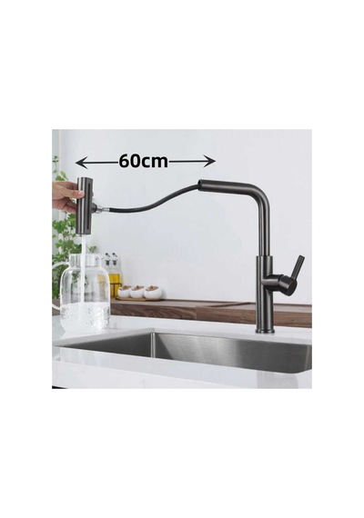 Rena Design Çok Modlu Antrasit Mutfak Evye Bataryasi Spiralli Çek Birak Başlik Yağmurlama Anrasit