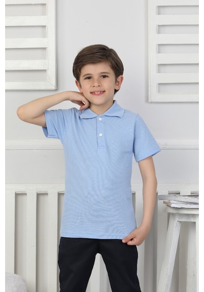 Modanino Erkek Çocuk %100 Pamuk Okul Tarz T-shirt 5-13 Yaş 12273 Açık Mavi