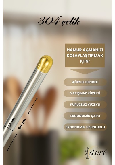 85 Cm Altın Tasarım Paslanmaz Çelik Oklava 304 Çelik İnce Hamur Açmaya Uygun Ağırlık Dengeli Merdane